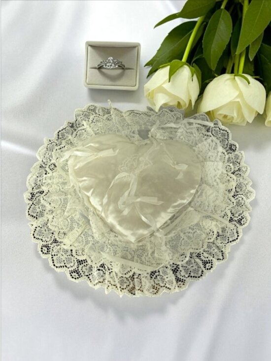 Other - SATIN RING PILLOW -- Vintage 1980, Elastic Hold Strap, Ring Ties, Lace Doily